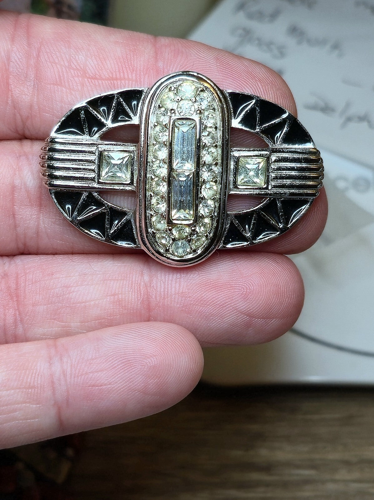 Givenchy Vintage Art Deco Silb Brooch Crystals and Enamel Silver Tone