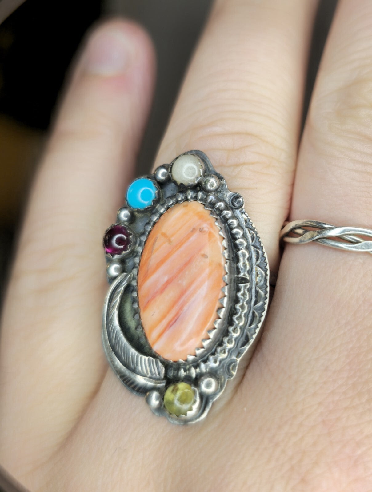 Native American Style Spiney Oyster And Turquoise sterling Silver Ring