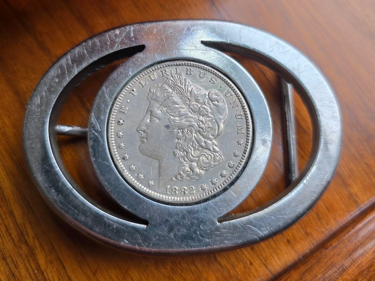 Vintage Stainless Steel Hand Made Silver Morgan Dollar 1881 Western Belt Buckle