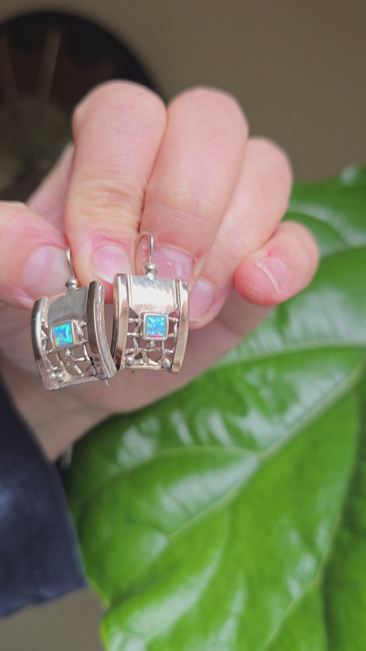 Sterling Silver, 10k Gold and Opal Modern Earrings