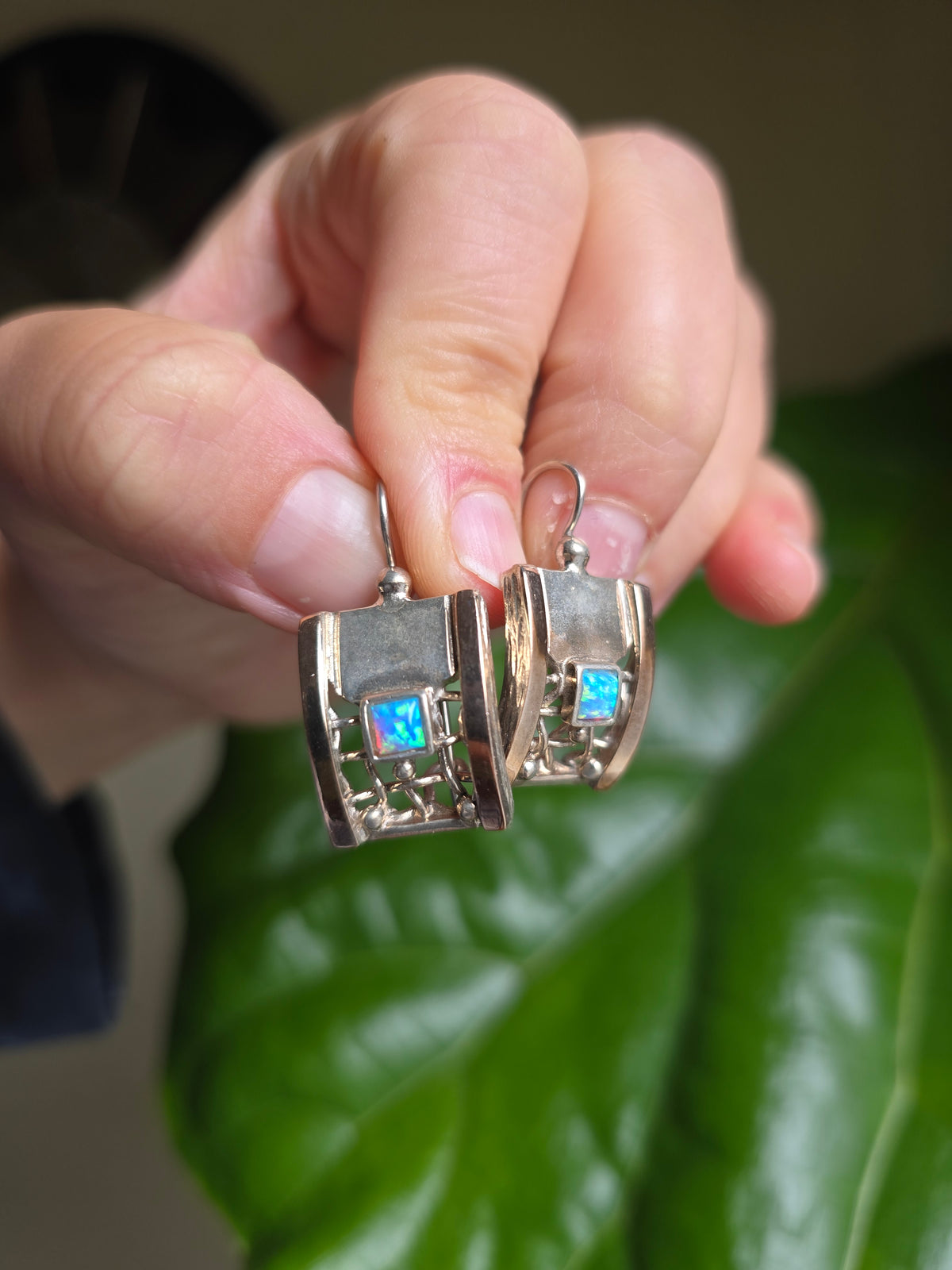 Sterling Silver, 10k Gold and Opal Modern Earrings