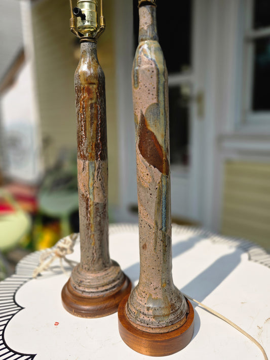 MCM Studio Pottery Slender Lamps with Walnut Base