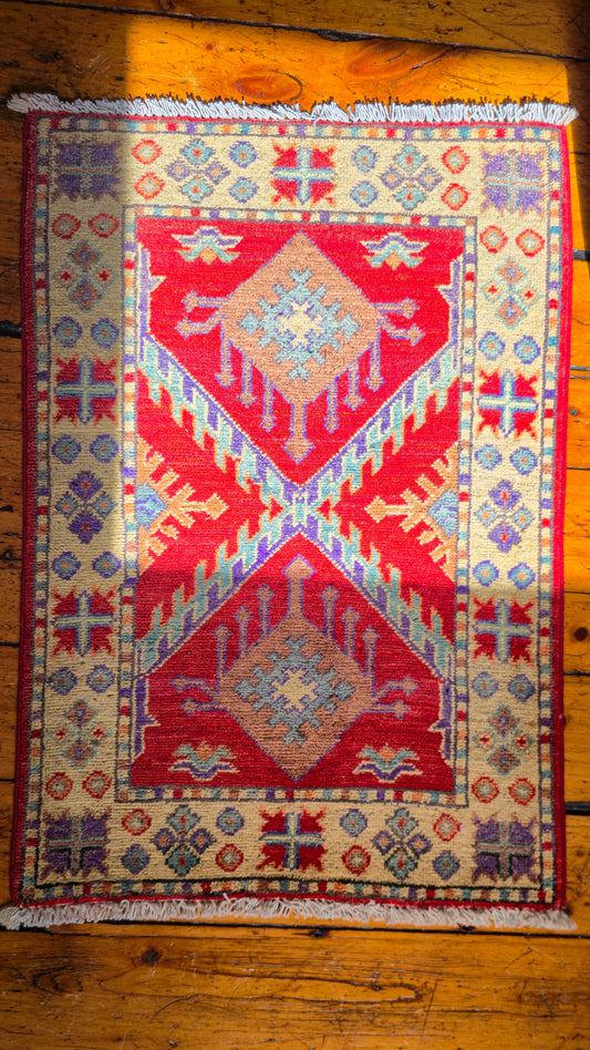 Small Low Pile Kazak Hand knotted Wool Area Rug (new)