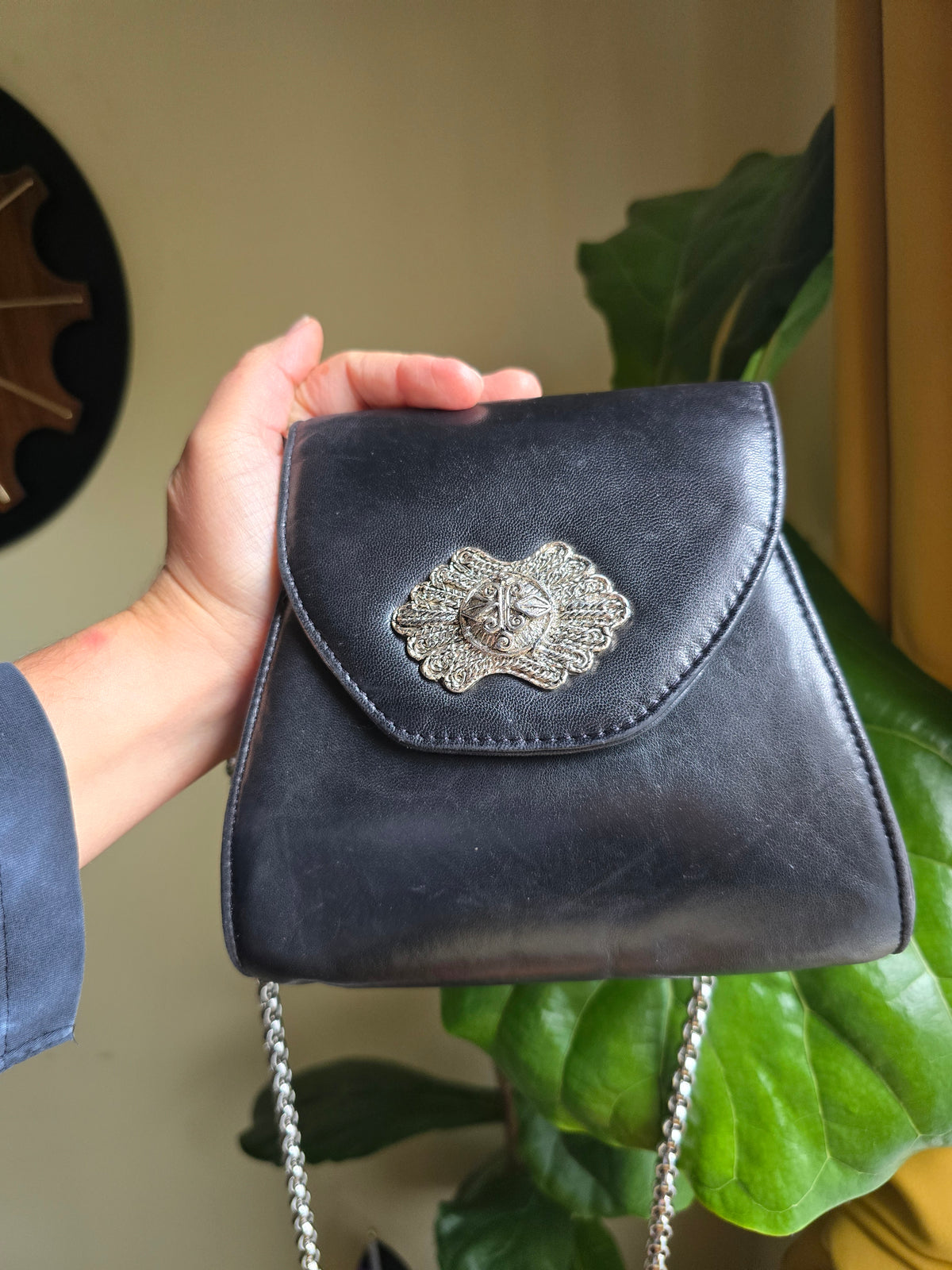 Leather Crossbody Bag with Silver Accents
