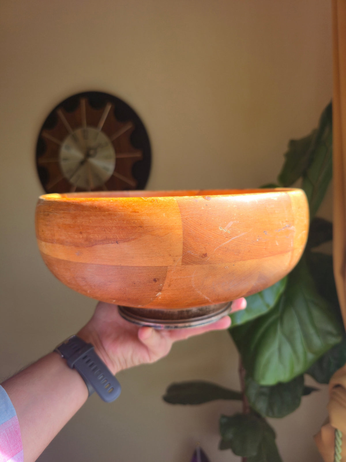 Mid-century Segmented Handcarved Wood Pedestal Bowl (sterling silver base)