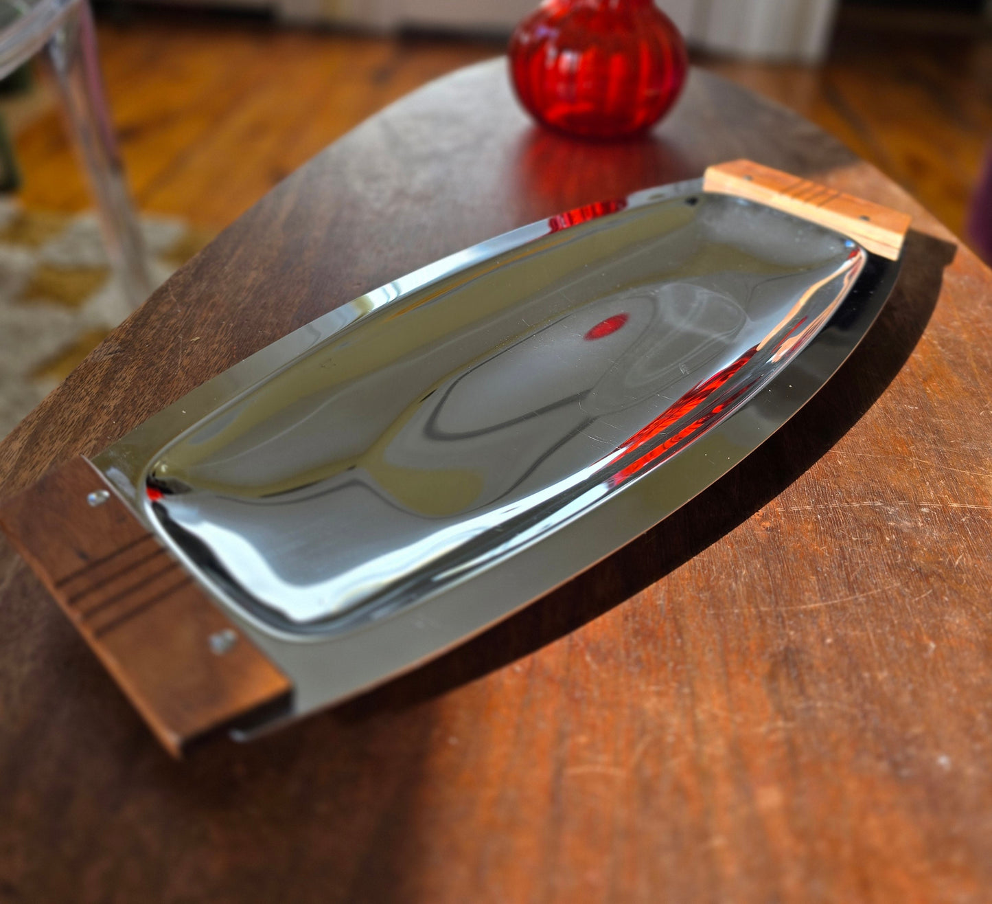 Vintage Mid-century Chromex Serving Tray with Teak Handles