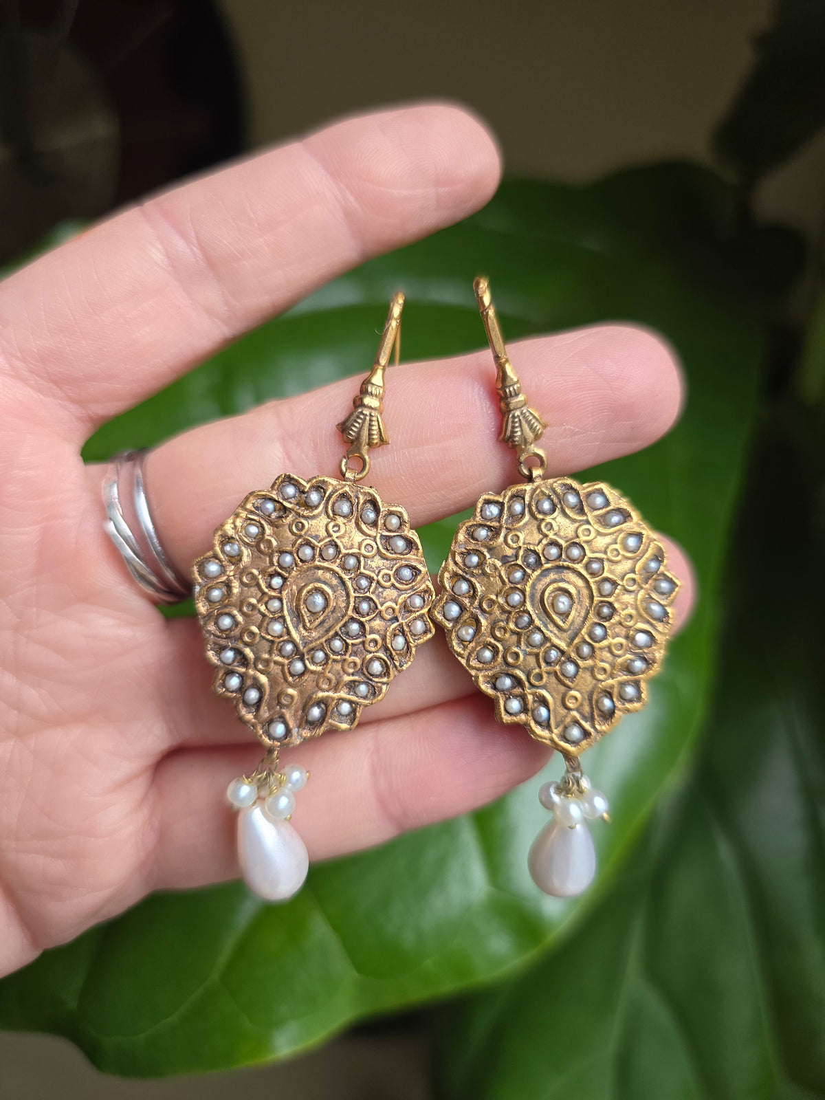 Vintage Handmade Brass Earrings with Faux Pearl Accents
