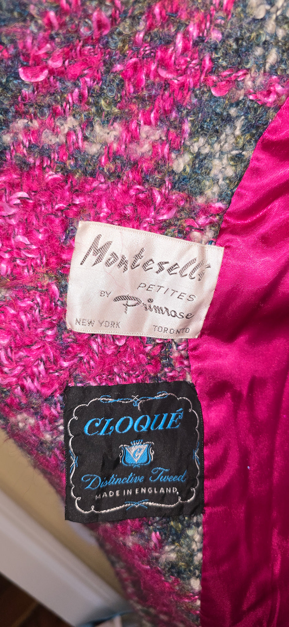 1960s Pink and Green Tweed Overcoat with sleeve guards