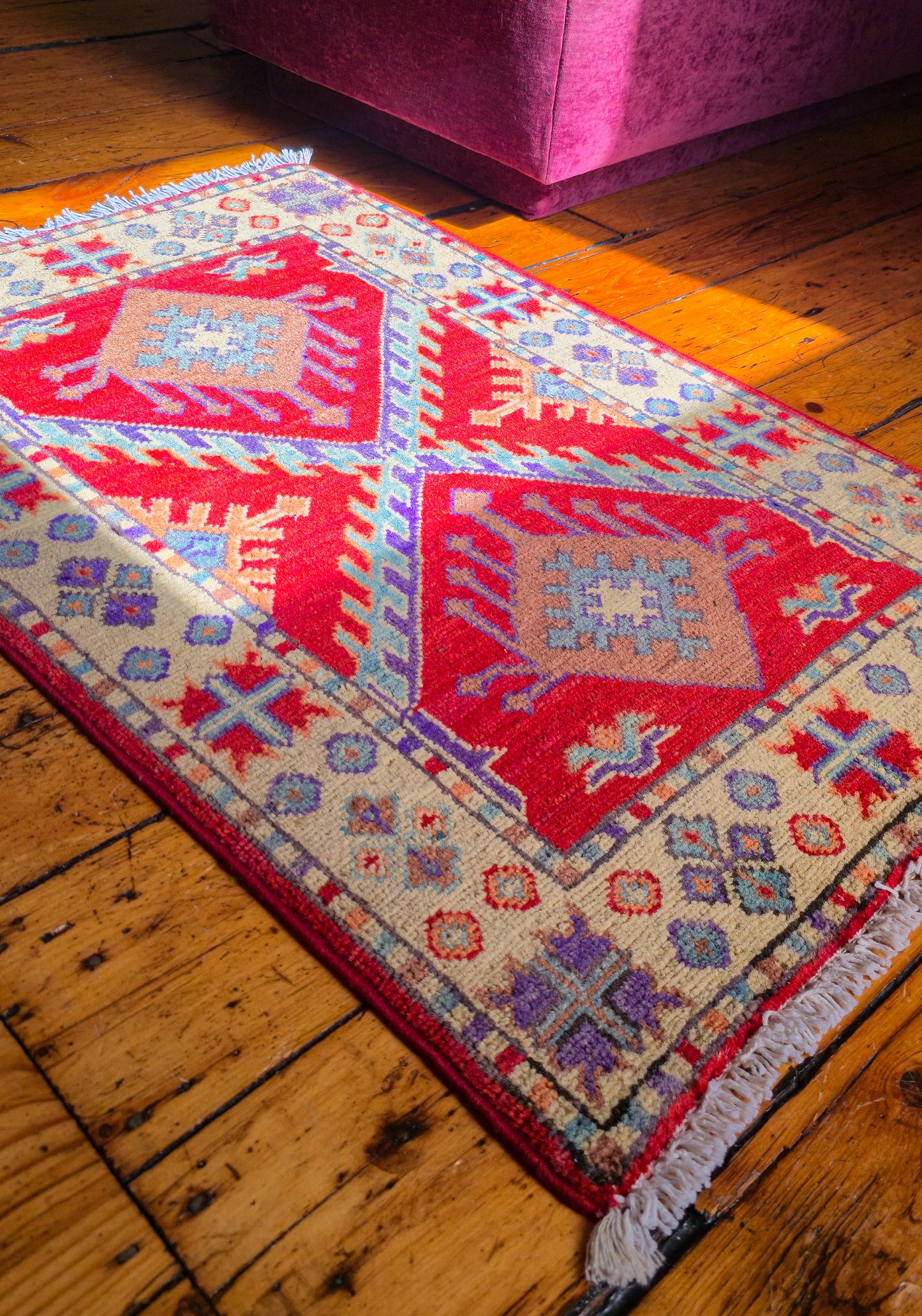 Small Low Pile Kazak Hand knotted Wool Area Rug (new)