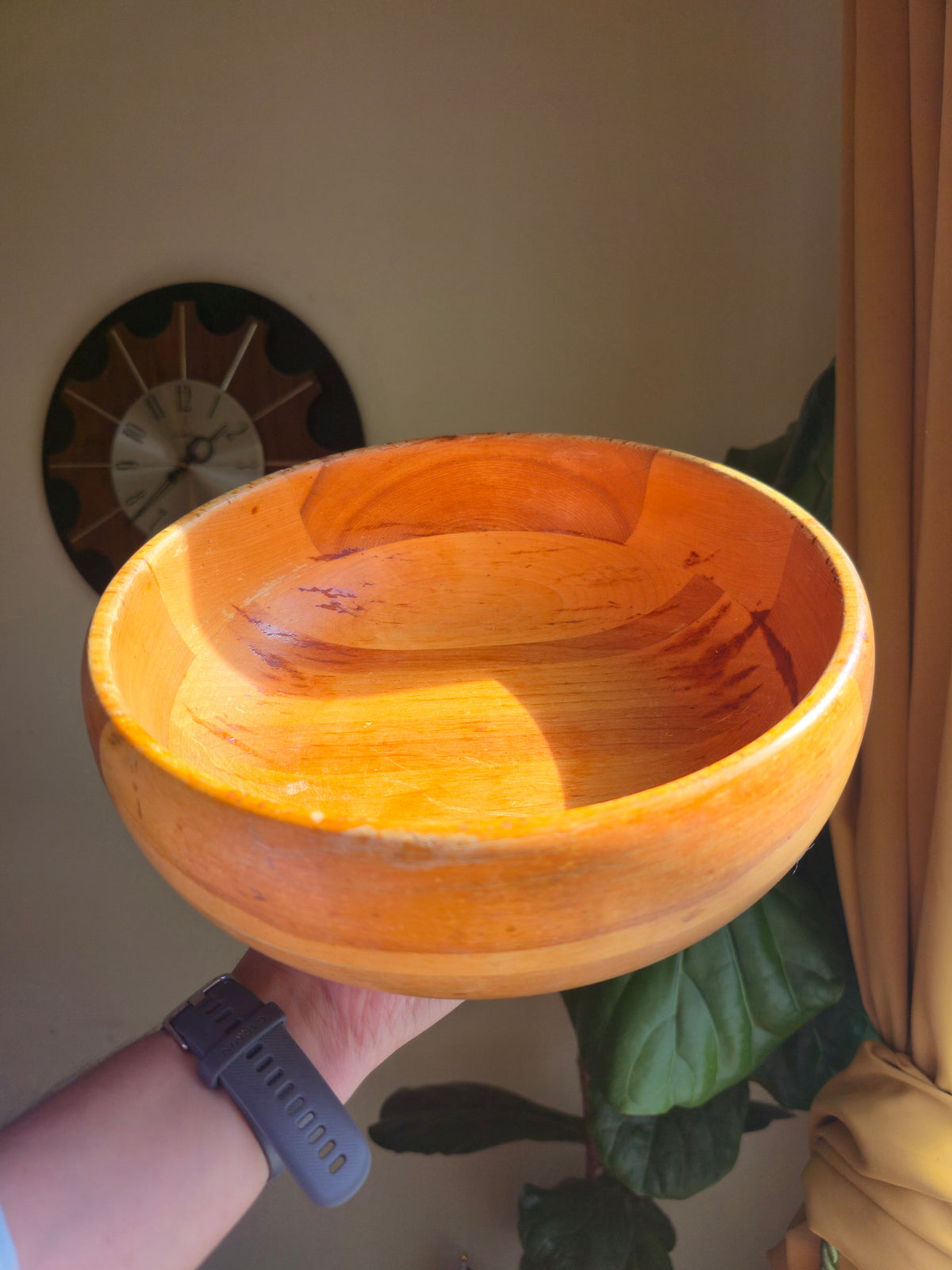 Mid-century Segmented Handcarved Wood Pedestal Bowl (sterling silver base)