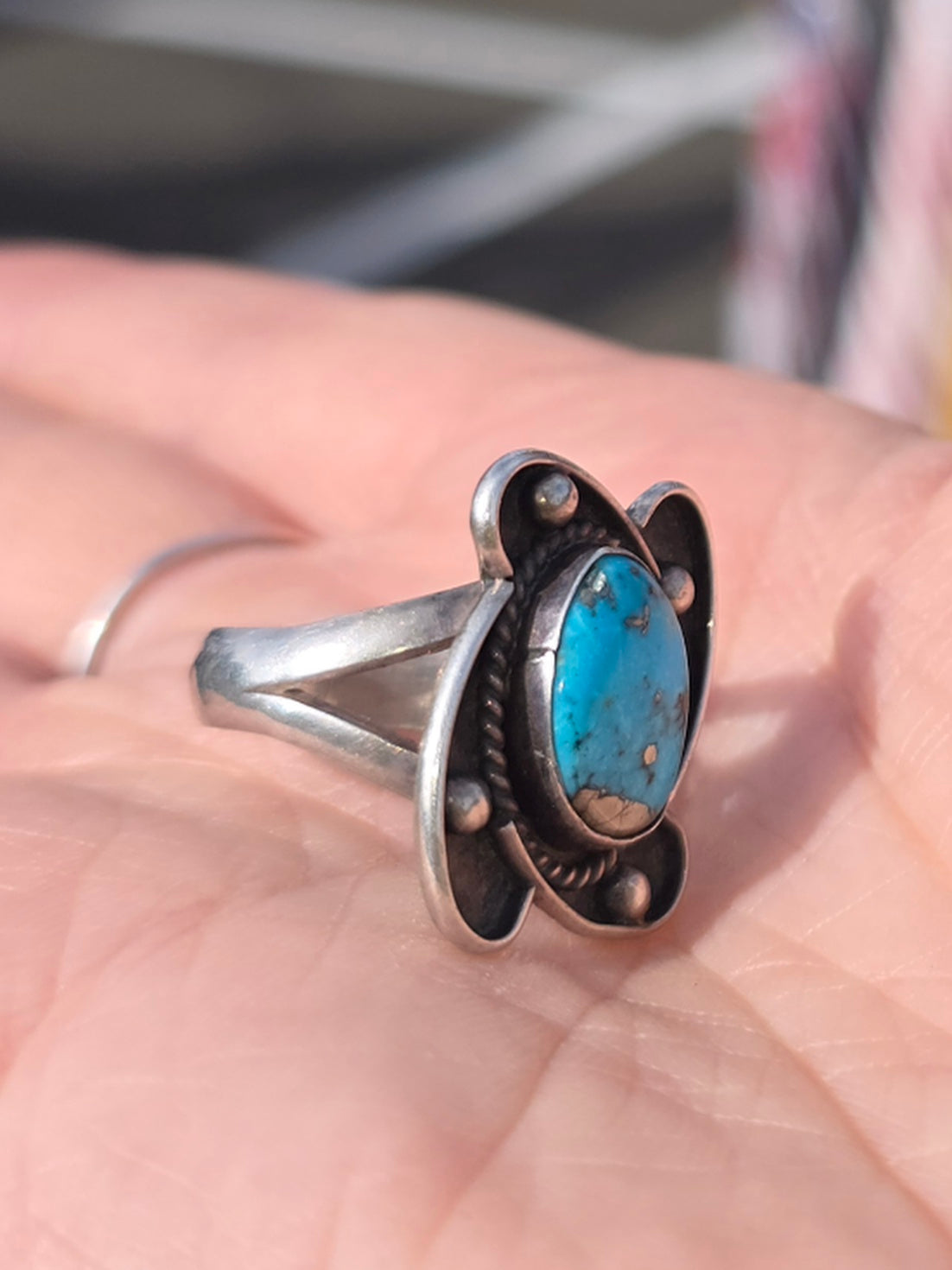 Vintage Native American Sterling Silver Ring with Morenci Turquoise