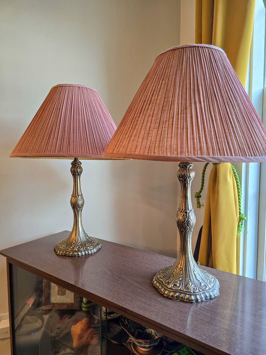 Antique Bronze Art Nouveau Table Lamps with Mauve Shades