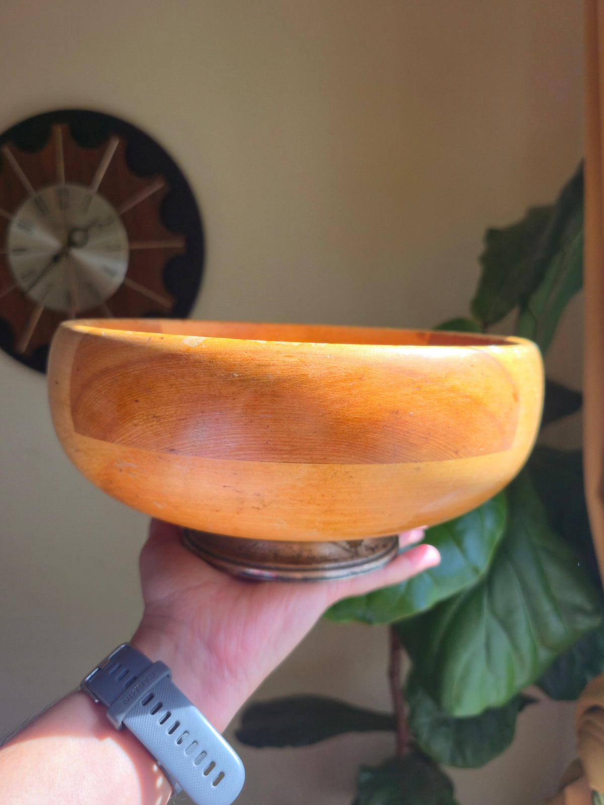 Mid-century Segmented Handcarved Wood Pedestal Bowl (sterling silver base)