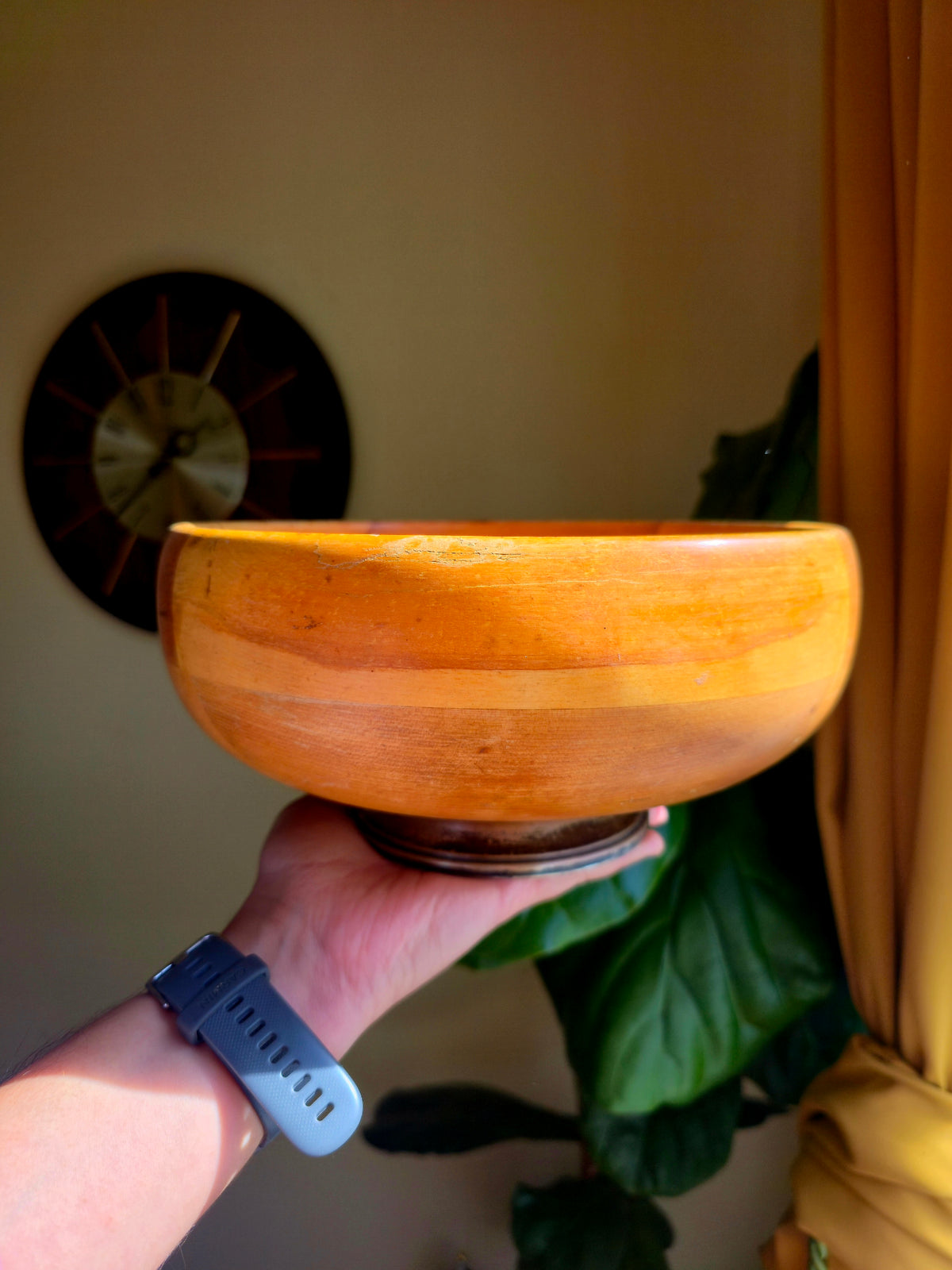 Mid-century Segmented Handcarved Wood Pedestal Bowl (sterling silver base)